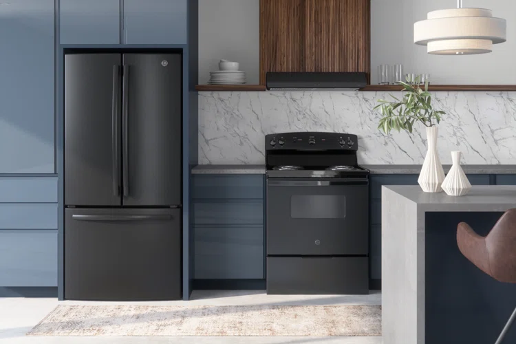 black refrigerator in kitchen