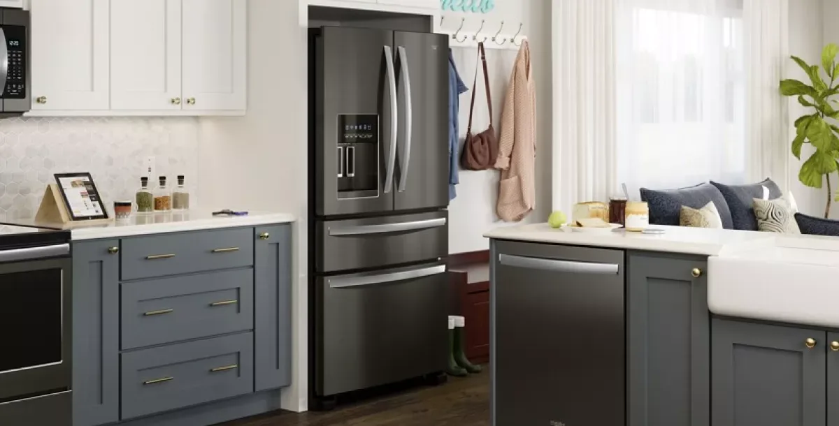 silver black whirlpool rerfigerator repair near you in kitchen