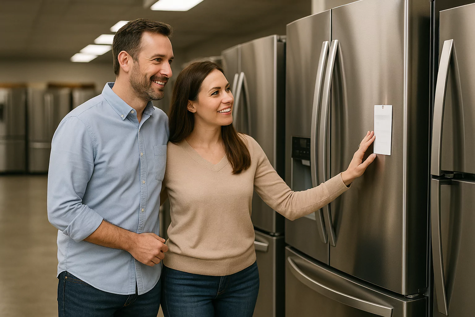 couple looking to purchase refrigerator