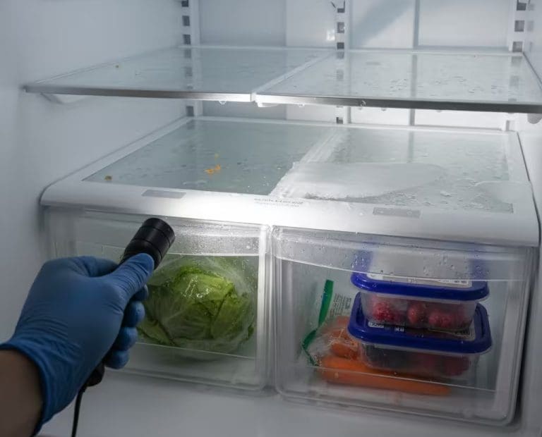 water in crisper drawers inside a leaking refrigerator